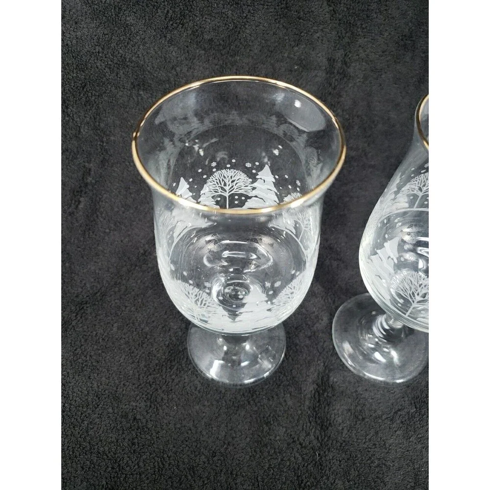 Arby's Libbey Glass Vintage Winter Wonderland Goblets Trees Snow Gold Rim 1980s
